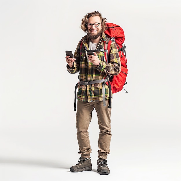 Fulllength portrait of a smiling man with a red backpack