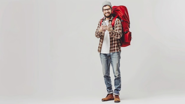 Fulllength portrait of a smiling man with a red backpack