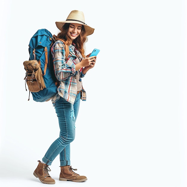 Fulllength portrait of a smiling woman with a blue backpack