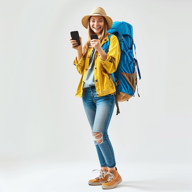 Fulllength portrait of a smiling woman with a blue backpack