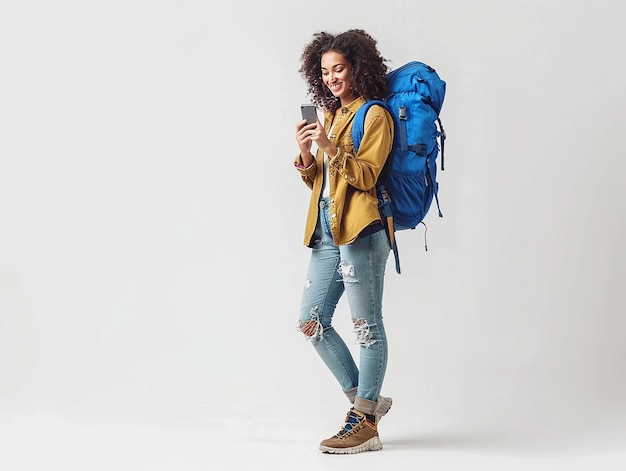 Fulllength portrait of a smiling woman with a blue backpack