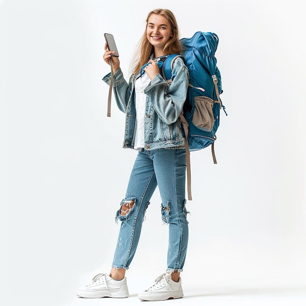 Fulllength portrait of a smiling woman with a blue backpack