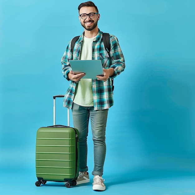 Photo fulllength portrait of a smiling young man traveler with a green suitcase