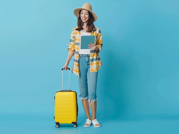 Fulllength portrait of a smiling young woman traveler with yellow suitcase