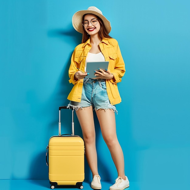 Fulllength portrait of a smiling young woman traveler with yellow suitcase