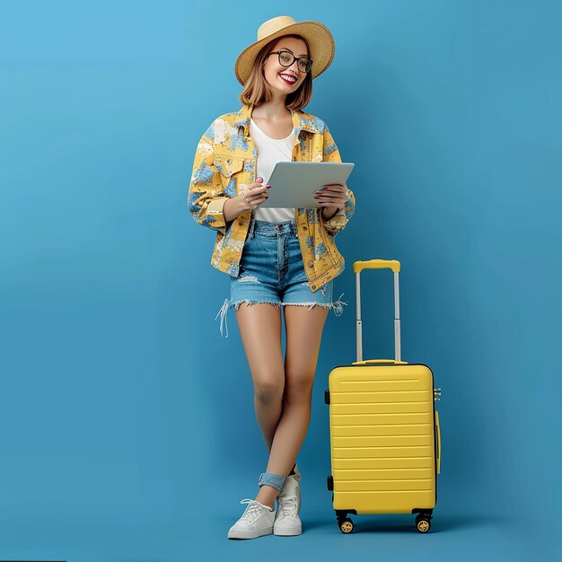 Fulllength portrait of a smiling young woman traveler with yellow suitcase