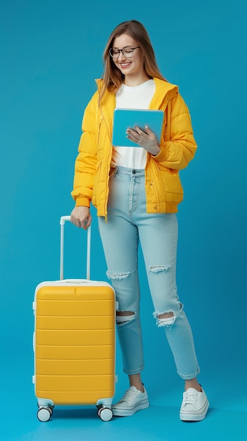 Fulllength portrait of a smiling young woman traveler with yellow suitcase