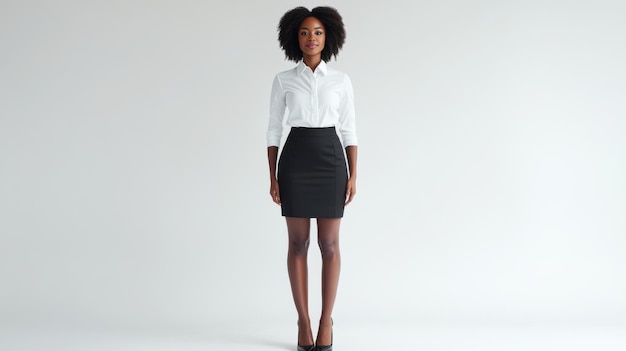 Fulllength shot of a multicultural model in a modern work skirt standing gracefully on a