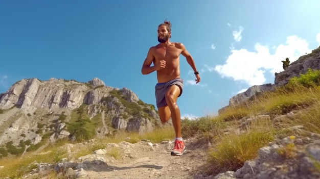 Fulllength shot of a strong young man sprinting up a hill against a cloudy blue sky Generative AI of a handsome man running in shorts and a tank