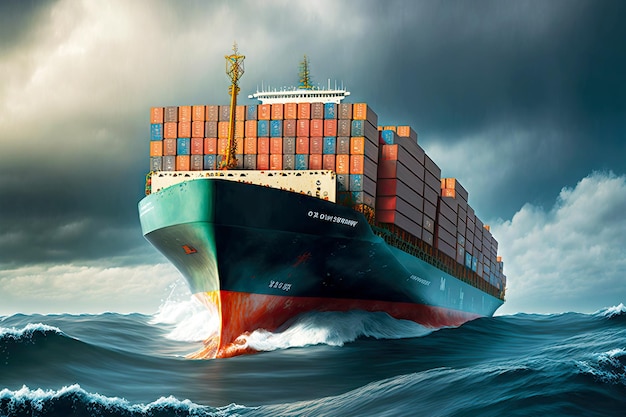 Fully containerladen cargo ship sails sea