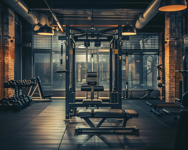 Photo fully equipped gym interior with bodybuilding machines and fitness equipment for effective workouts