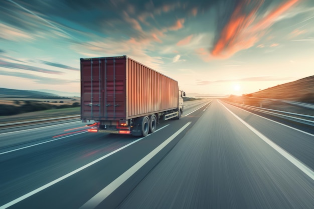 Fully Loaded Cargo Truck Speeding Along a Highway at Sunrise