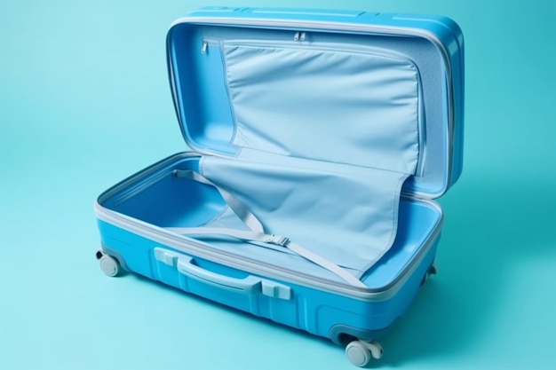 Fully opened blue suitcase on a blue background top view Vacation travel concept copy space