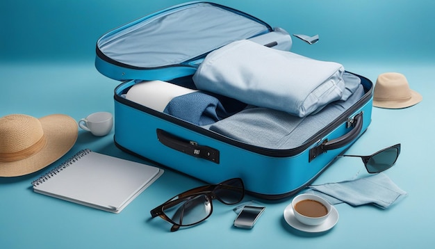 Fully opened blue suitcase on a blue background top view Vacation travel concept copy space