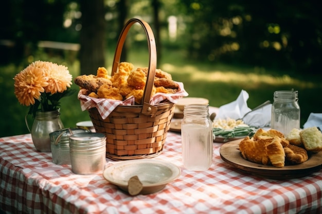 Fully set picnic table with a wicker basket filled with fried chicken Generative AI