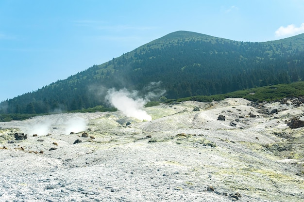 Fumarole field on the slope of Mendeleev volcano Kunashir island