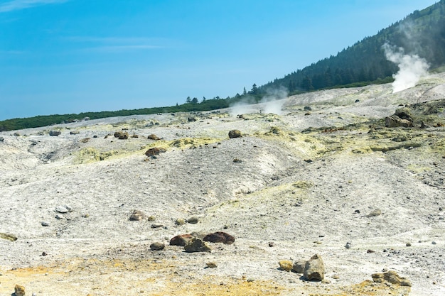 Fumarole field on the slope of Mendeleev volcano Kunashir island