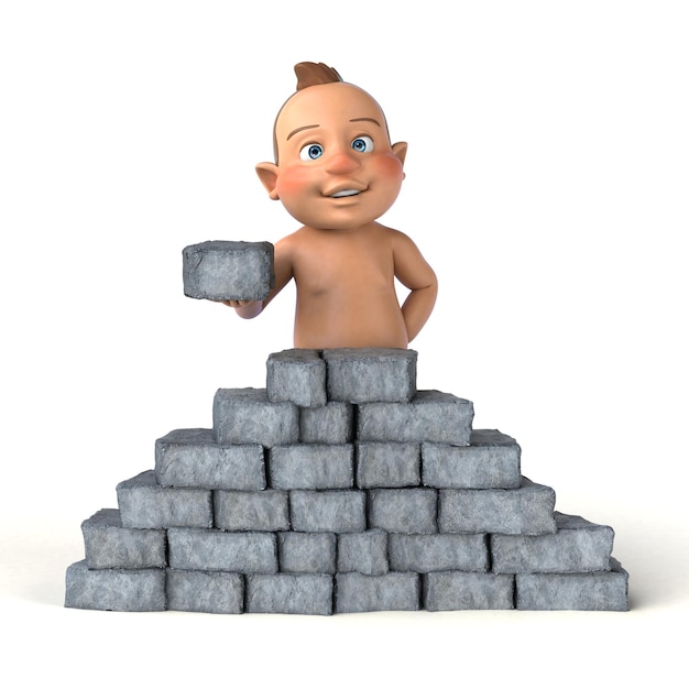 Fun 3D cartoon baby building a wall