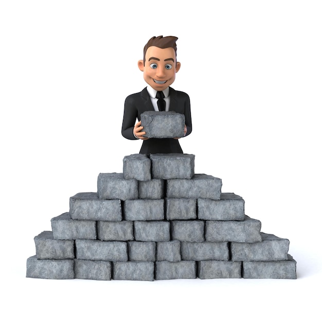 Fun 3D cartoon business man building a wall