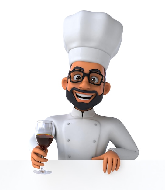 Fun 3D cartoon illustration of a chef with a glass of wine