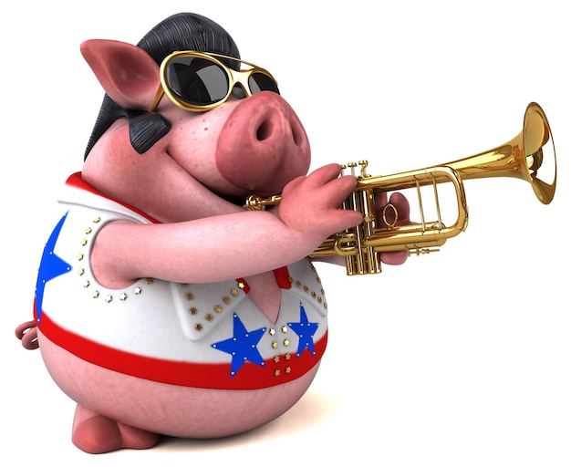 Fun 3D cartoon illustration of a pig rocker