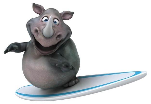 Fun 3D cartoon illustration of a rhino surfing