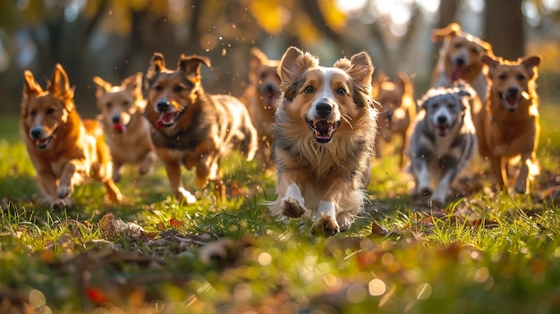 fun australian shepherd dog border collie running with Parson Russell Terrier and jack russell terrier puppy