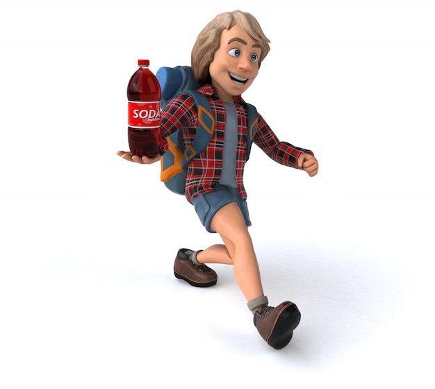 Fun backpacker cartoon guy with soda drink