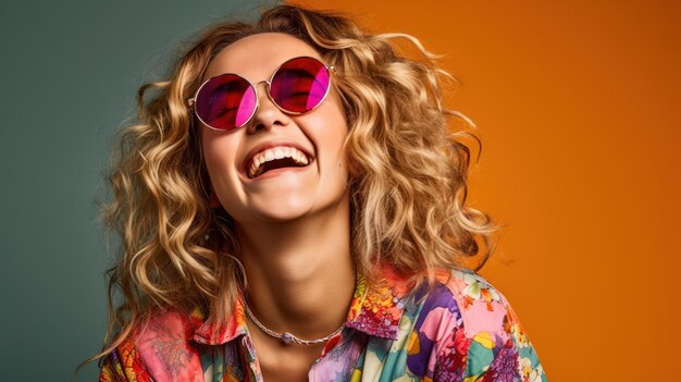 Fun beautiful woman wearing glasses standing in front of colorful background