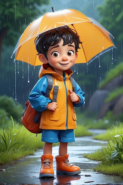 Fun Cartoon Kid with Rain Gear