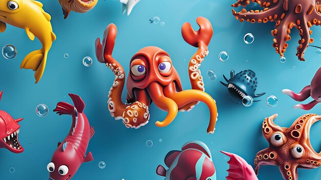 Photo fun cartoon underwater scene with colorful octopus fish and bubbles