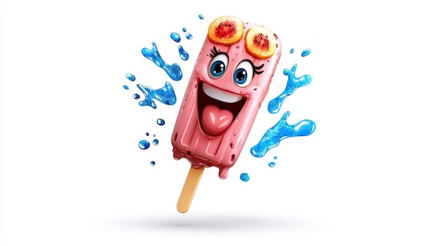 A fun cartoonstyle image of a fruitflavored ice cream bar character with a happy expression