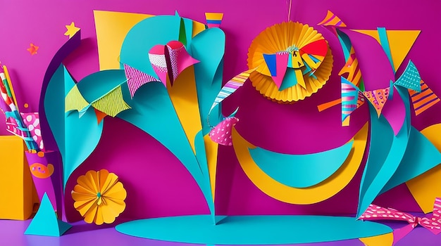 Fun and colorful birthday decoration in paper cut style