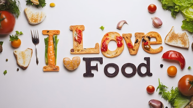 Photo a fun and colorful foodthemed arrangement spelling out i love food with various fresh ingredients