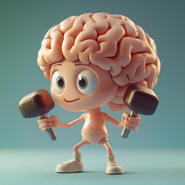 Fun and Educational 3D Cartoon Brain Lifting Weights