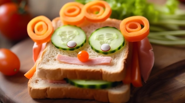 Fun food for kids ham sandwich decorated with fresh cucumber carrot and tomato for a healthy lunch for kids cute smiling face