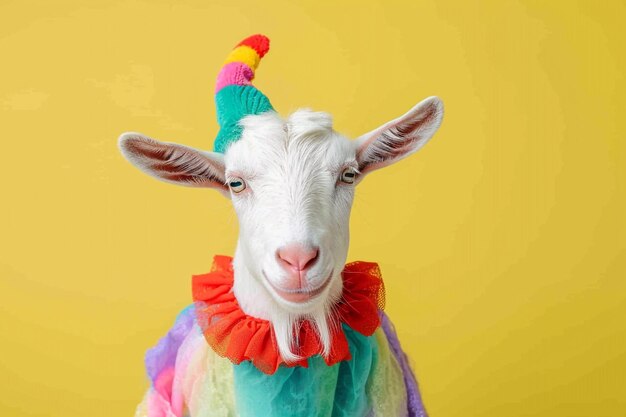 Photo fun goat in clown costume with soft mint green background cheerful animal portrait