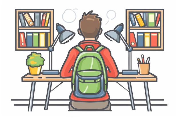 Fun Illustration of a Student with a Backpack Studying in a Colorful Library