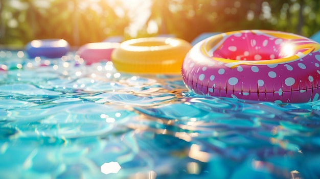 Fun Inflatable Pool Party Scene with Floaties and Sunshine