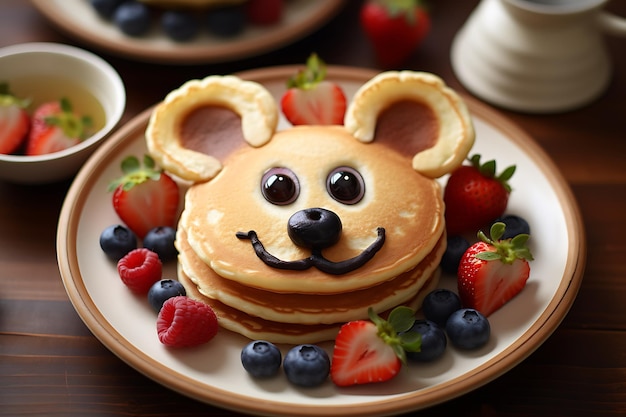 Fun Kid Breakfast Pancake bear smiling face with various fruits