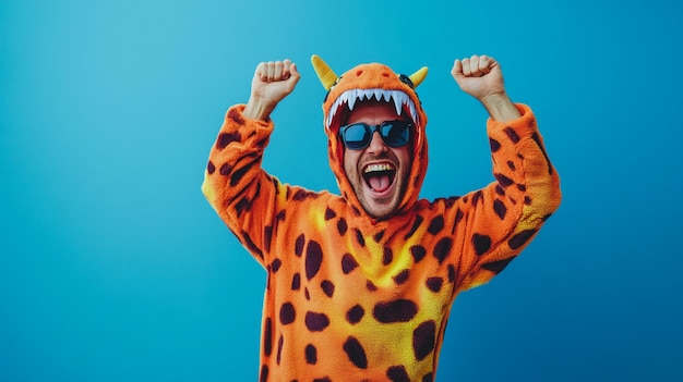 Photo a fun loving man in a colorful dinosaur costume dancing joyfully for entertainment