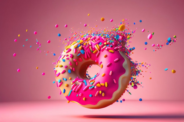 Fun pink donut in motion with colorful sprinkles falling and dancing in the pink background Generative Ai