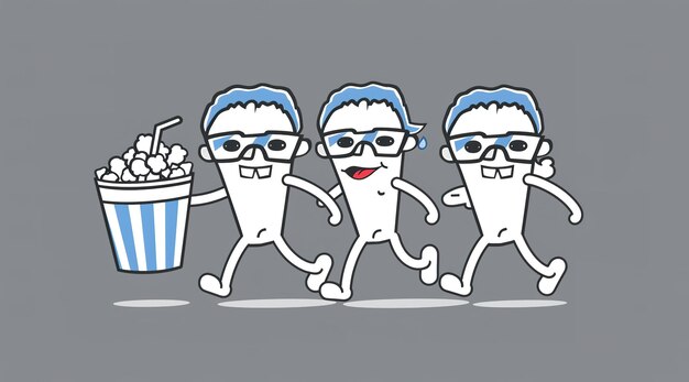 Fun Popcorn Characters Enjoying Movie Night Funny Snack Illustration