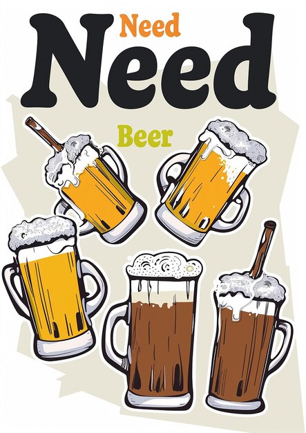 Photo fun poster with cartoon beer mugs and the text i need a beer