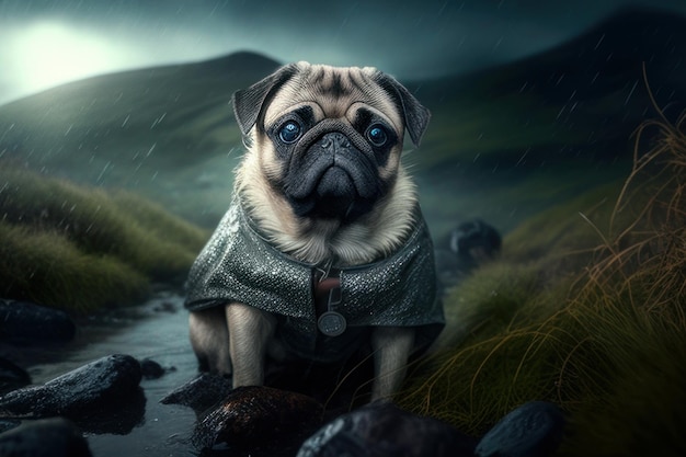 fun pug dressed in the rain in field