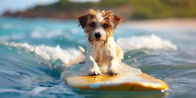 Fun and Quirky Playful Image of Dog Riding a Surfboard Concept Animal Photography Surfing Pets Creative Pet Portraits Unique Dog Images Humorous Animal Poses