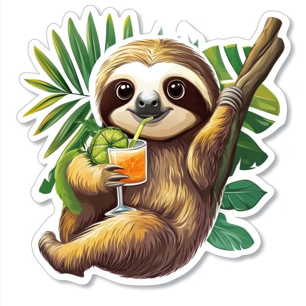 Fun Sloth Hanging from Tree with Tropical Drink Playful Sticker Design