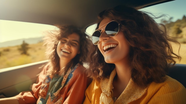 A fun summer Trip of two Girlfriends in a car at sunset