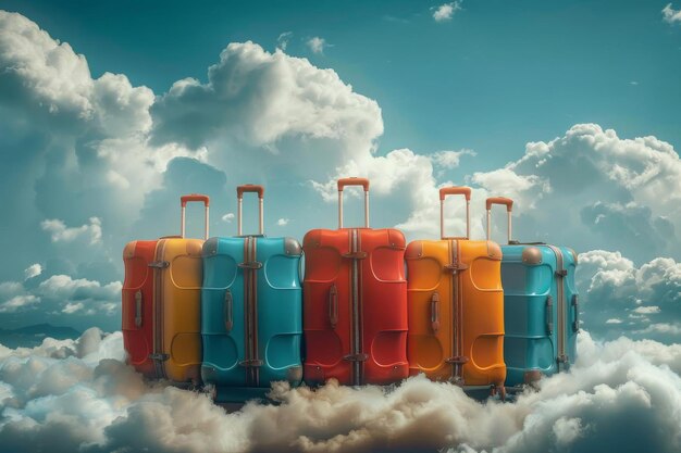 Photo fun travel concept colorful luggage airplane in clouds