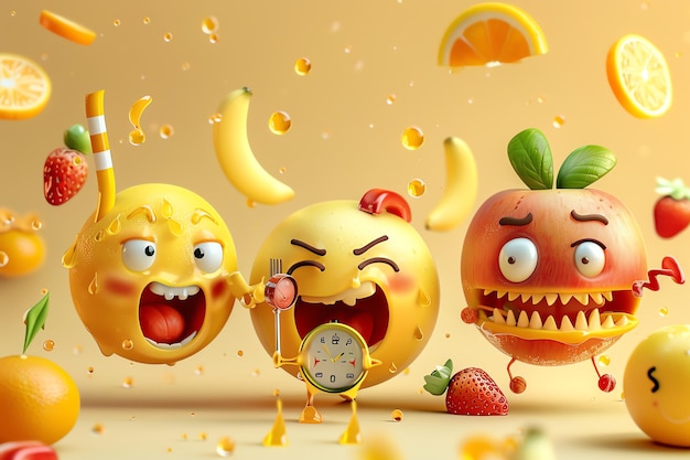 Fun and vibrant cartoon fruits with expressive faces captured in a dynamic and playful